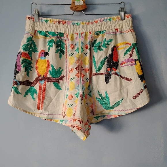 FARM Rio Embroidered Cross Stitch Linen Blend Shorts L - Picture 3 of 5
